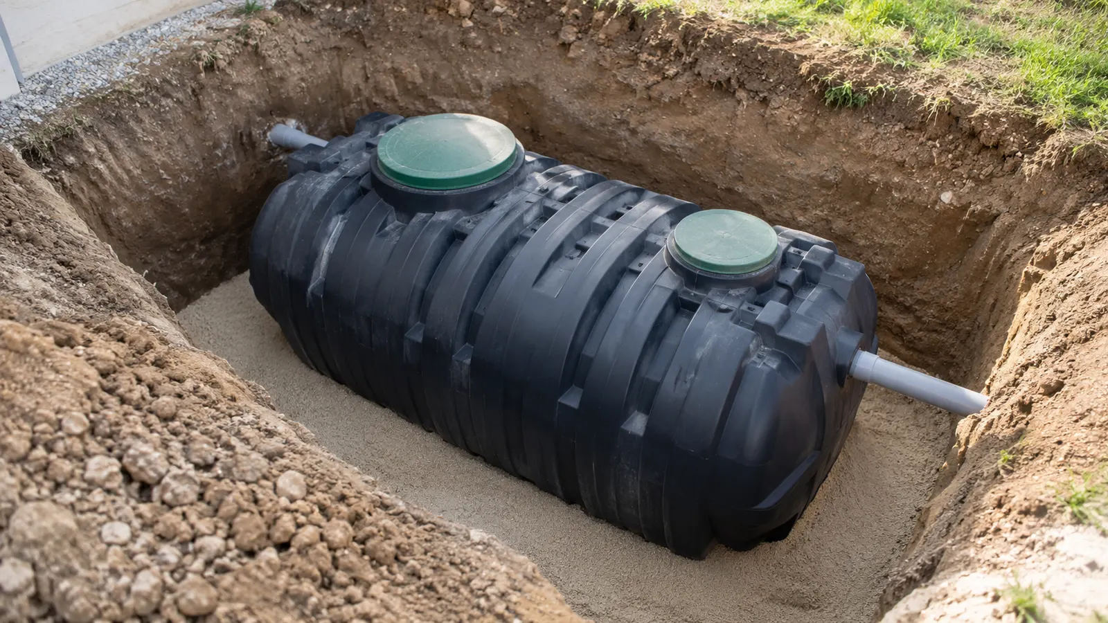 Cuve de fosse toutes eaux posée dans une tranchée avant remblai